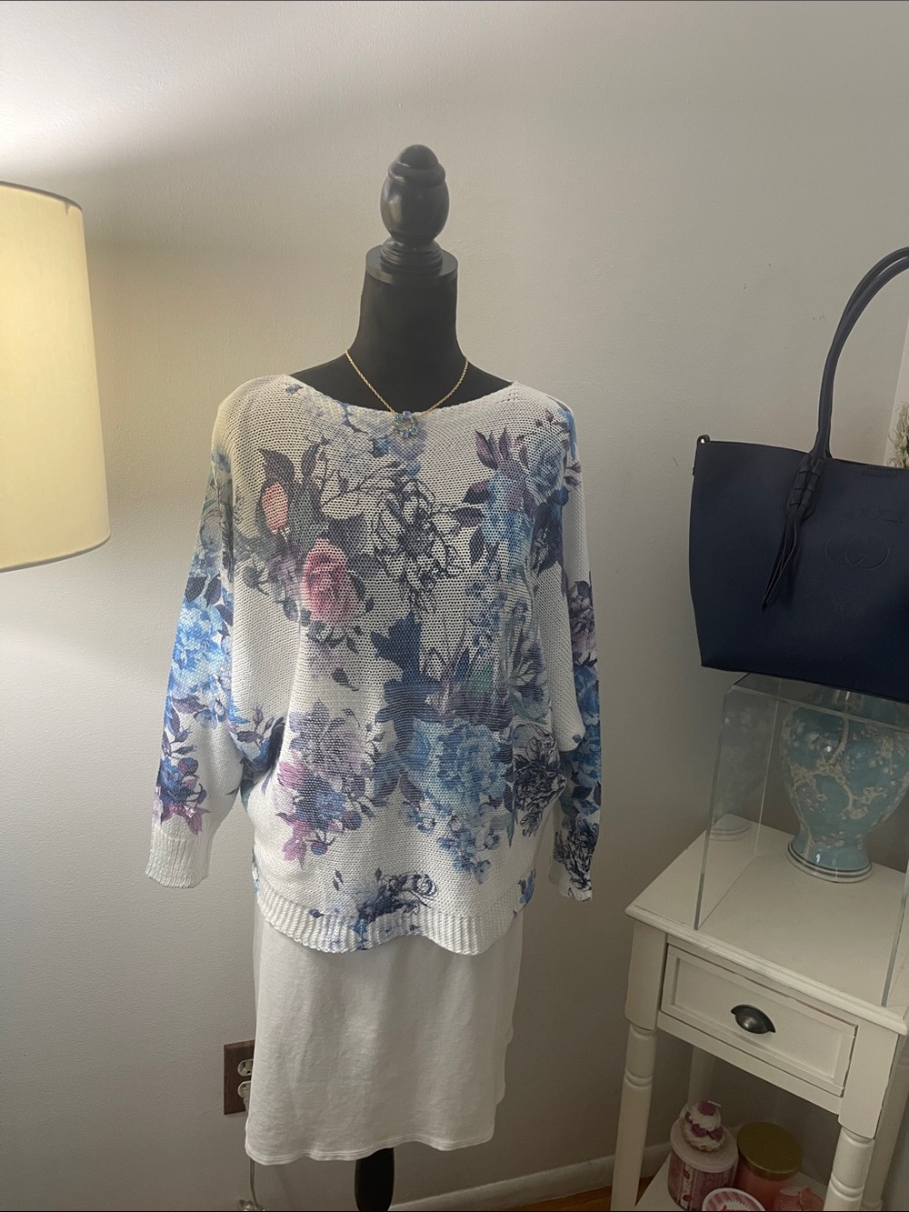 Floral Knit Sweater in White with Blue & Pink Blooms